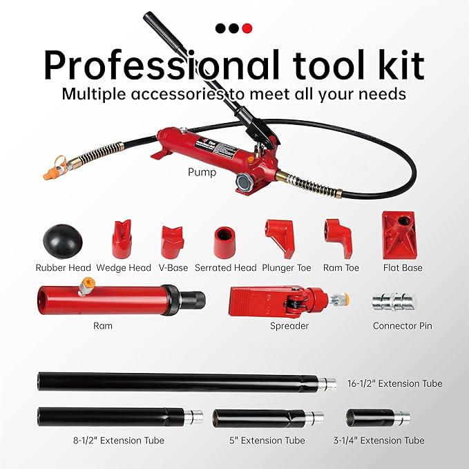 4 Ton (8800 lbs Capacity) Porta Power Jack Hydraulic Ram Auto Body Frame Collision Repair Kit Set, 16-Pcs, with Blow Mold Carrying Case for Cars, Trucks, SUVs & More