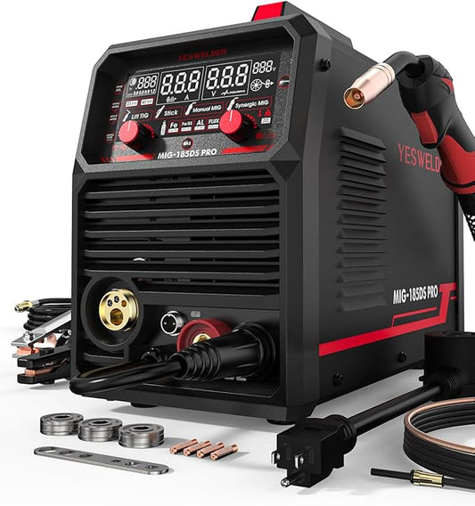 YESWELDER 185A MIG Welder, Flux Core MIG/Gas MIG/Spool Gun MIG/Lift TIG/Stick 5 in 1 Multi-process Aluminum Welding Machine, LED Digital Display Synergic Control 110V/220V Dual Voltage MIG-185DS PRO