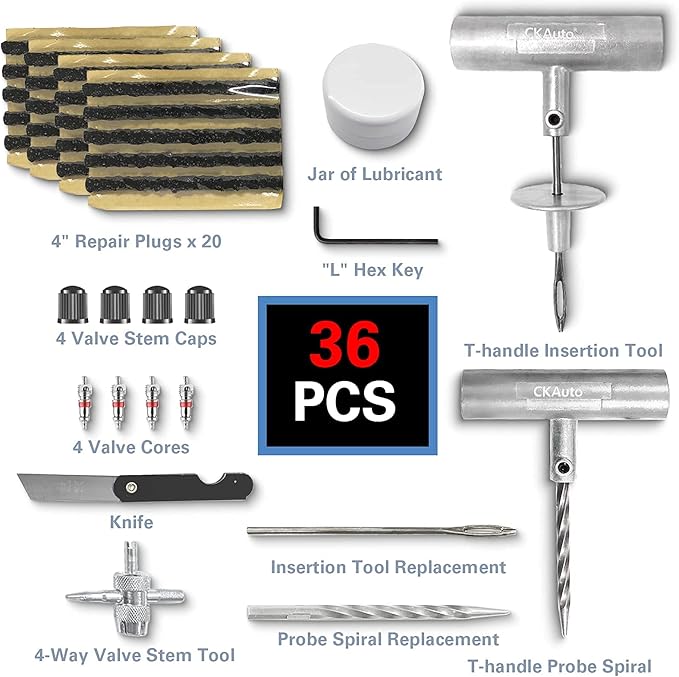 CKAuto Universal Tire Repair Kit, Heavy Duty Car Emergency Tool Kit for Flat Tire Puncture Repair, 36 Pcs Value Pack, Tire Plug Kit fit for Autos, Cars, Motorcycles, Trucks, RVs, etc.