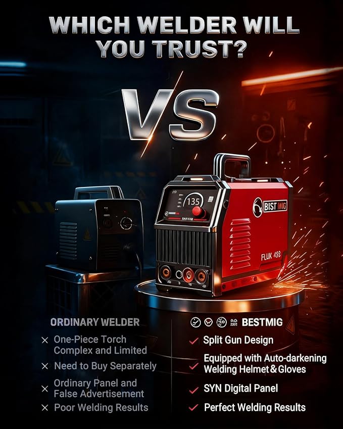 BESTMIG 135A MIG Welder - 3-in-1 Flux Core Welder, MIG/Lift TIG/Stick Welding Machine - Portable IGBT Inverter - 110V with Welder Helmet and Gloves (Red Black, MIG 135A Welder)