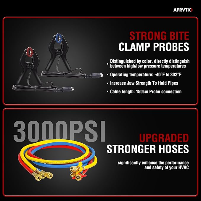 Digital HVAC Gauge, Aprvtio AMF-300 AC Manifold Gauge Set with 3000PSI Hoses and 2 Wired Temperature Clamp Probes, Refrigerant Gauges for Automotive HVAC System HVAC Tools Kit R134a R22 R12