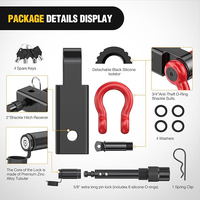 Nilight Anti-Theft Shackle Hitch Receiver 2Inch 45000 LBs Breaking Strength 3/4" Anti-Theft D Ring Shackle 5/8" Trailer Hitch Lock Pin Heavy Duty Solid Towing Kit for Trucks Off Road (Red&Black)