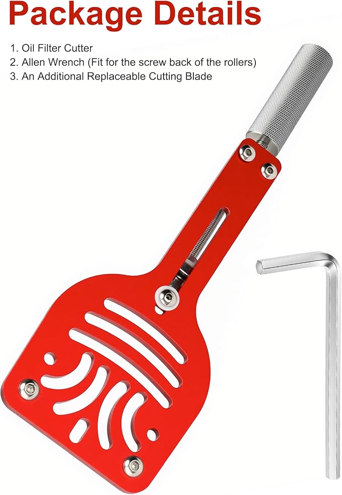 77750 Oil Filter Cutter, Oil Filter cutting tool for Adjustable cut range 2-3/8"-5", with a spare cutting blade for car, truck, motorcycle, lawn mower, airplane, Universal fit, Aluminum, red