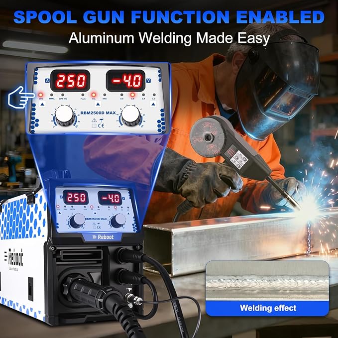 Reboot RBM2500D MAX 180A 5-in-1 MIG Welder, Premium Build, Spool Gun Compatible for Aluminum, Lift TIG, MIG Gas/Gasless, Stick, 120V/240V Dual Voltage Multiprocess Welding Machine