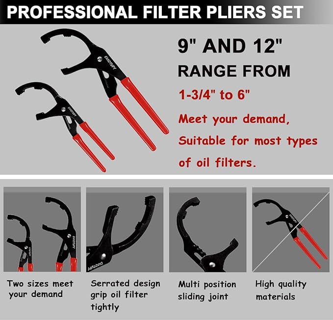 9pcs Oil Filter Wrench Set, 9" and 12" Oil Filter Pliers with Oil Snap Funnel for Automotive Oil Change, Adjustable Oil Filter Removal Tool From 1-3/4" to 6"