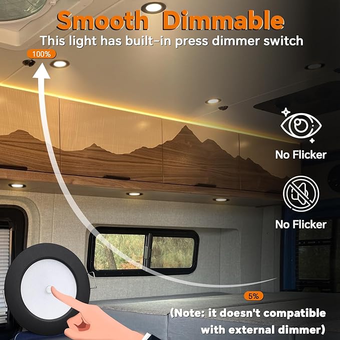 3" LED 12V Push Lights w/Built-in Switch Interior Bi-Color 12 Volt Red LED Puck Light Full Aluminum RV Dimmable Flush Mount Light for Camper, Boat, Trailer 4Pcs (Black, Cool White)