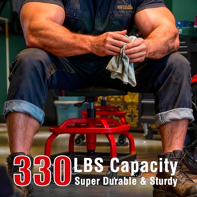 Rolling Shop Stool with Wheels, Garage Work Mechanic Stool with Backrest, Roller Mechanic Chair, Adjustable Height, 360° Swivel, Tool Tray Storage, 330 LBS Capacity, Heavy Duty, Red