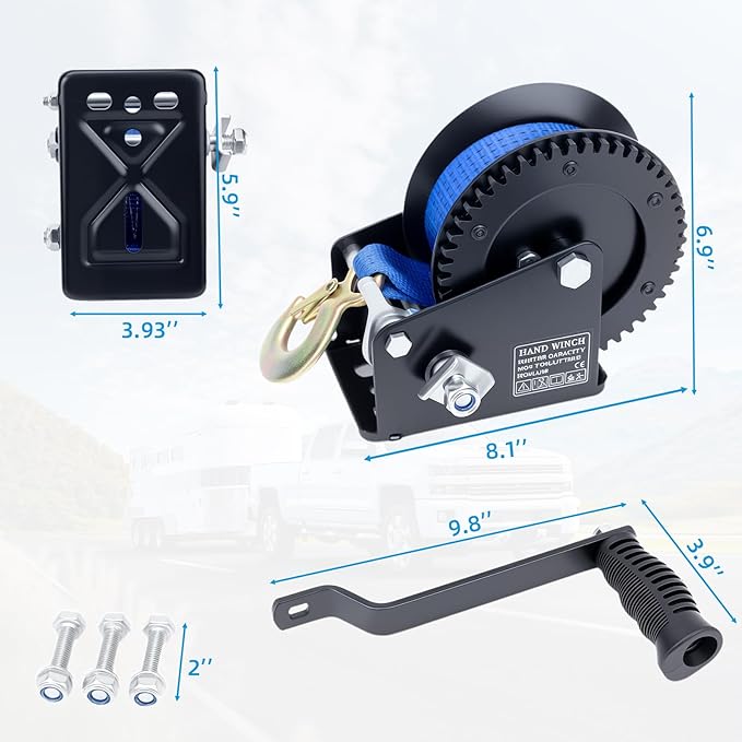 1600LBS Heavy Duty Boat Trailer Winch with 19FT Strap, 2-Way Ratchet, 4:1 Gear Trailer Winch, Portable Hand Crank for Boat, Truck, Trailer, RV, ATV, Jet Ski