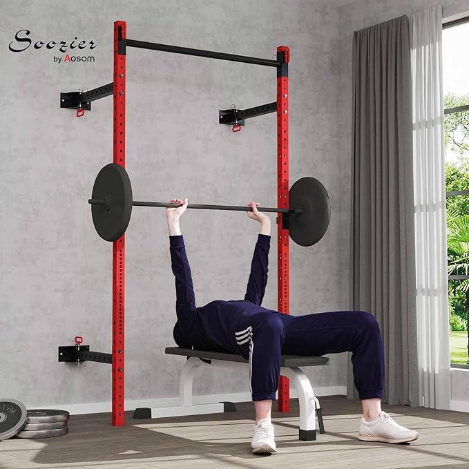 Soozier Folding Squat Rack with Adjustable Pull-Up Bar, 1000 Pounds Capacity Wall Mounted Power Rack, Adjustable Barbell Rack with J Hooks for Home Gym Full Body Workout