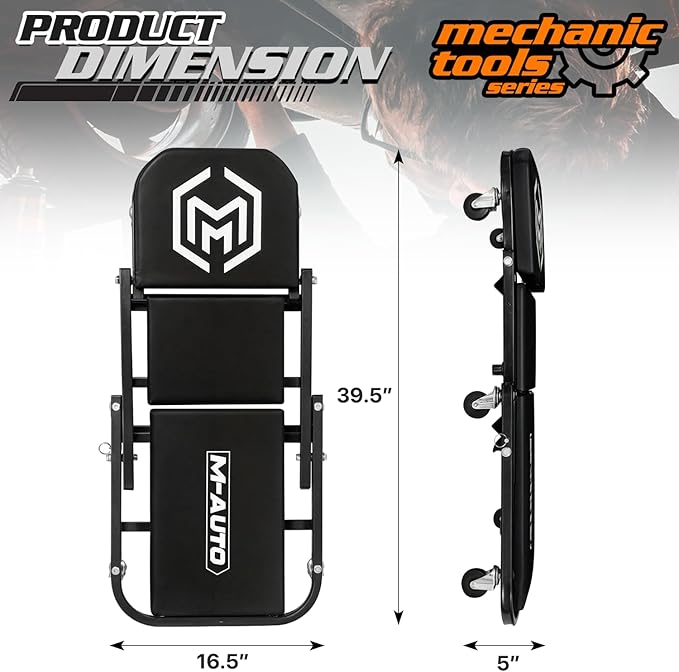 M-AUTO 40-Inch Folding Creeper Rolling Seat, All-in-One Adjustable Roller Garage Chair, Lay Down or Sit, 330LBS Capacity Under Car Roller Creeper with 6 Swivel Casters, Black