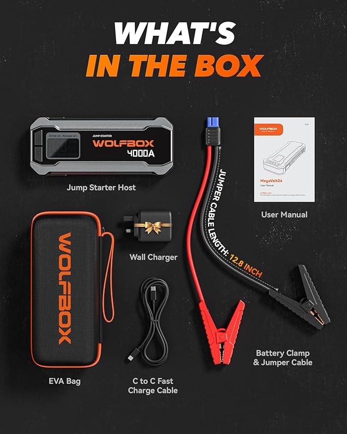 WOLFBOX MV24 4000A Jump Starter,12V Car Booster Pack with 65W Quick Charger,LED Display,24000mAh Portable Jump Starter Battery (10L Gas 10L Diesel Engine) with LED Light,Jumper Cables