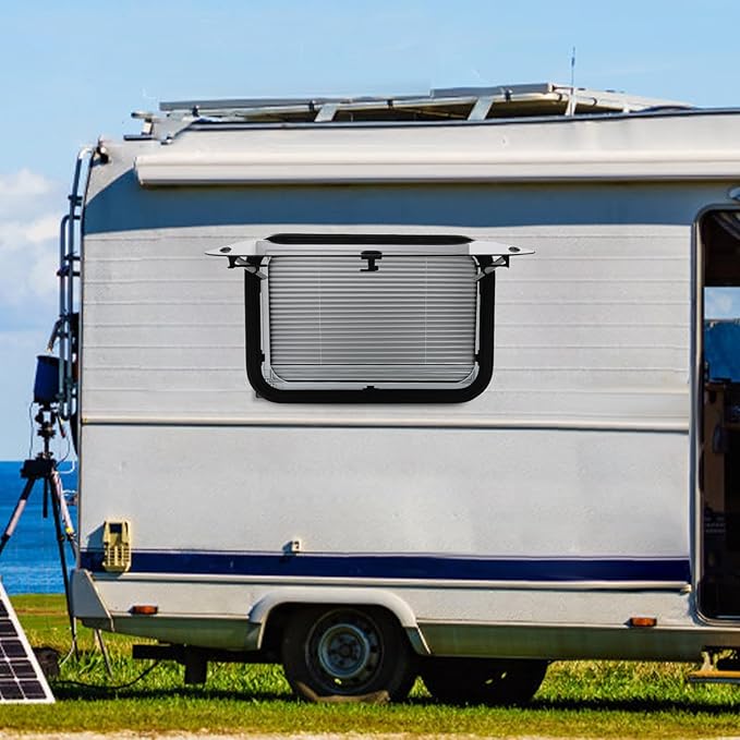 RV Push Out Window, 75x50cm/ 29.5x19.69In Tempered Glass U-V Resistant RV Exit Window W/Window Screen & Support Rod, RV Window Replacement for Campers, Caravan, Trailer