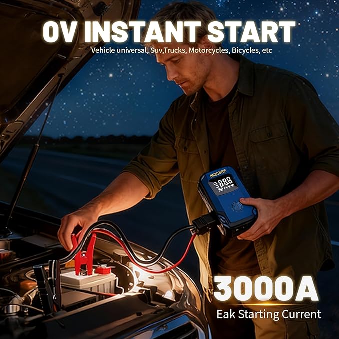 Jump Starter with Air Compressor, 3000A Peak Car Battery Jump Starter(9.0 Gas/6.5L Diesel), 150PSI 12V Jump Box Car Battery Jumper Starter Portable with Smart Jumper Cables, LED Lights, LCD Display