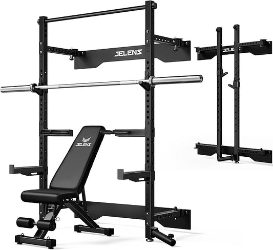 Folding Squat Rack, Wall Mounted Power Rack for Home Gym, Space Saving Multi-Functional Power Cage with Attachments