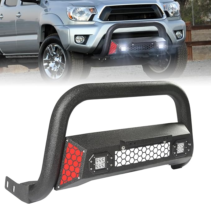 Bull Bar Fit for Toyota Tacoma 2nd gen 05 06 07 08 09 10 11 12 13 14 15 with LED Light & w/License Plate Bracket DIY Paintable Truck Front Bumper Brush Push Bar Front Grille Guard Protector