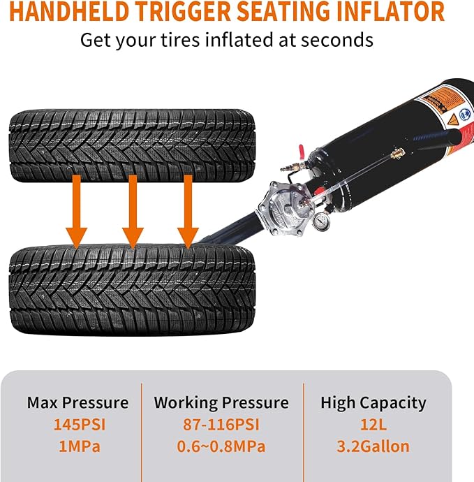 Tire Bead Seater, 12L/3.2 Gallon Air Trigger Seating Inflator, 145 PSI Portable Tire Inflator Tool, 87-116 PSI Operating Pressure for Tractor Truck ATV Car and Automobile Repair