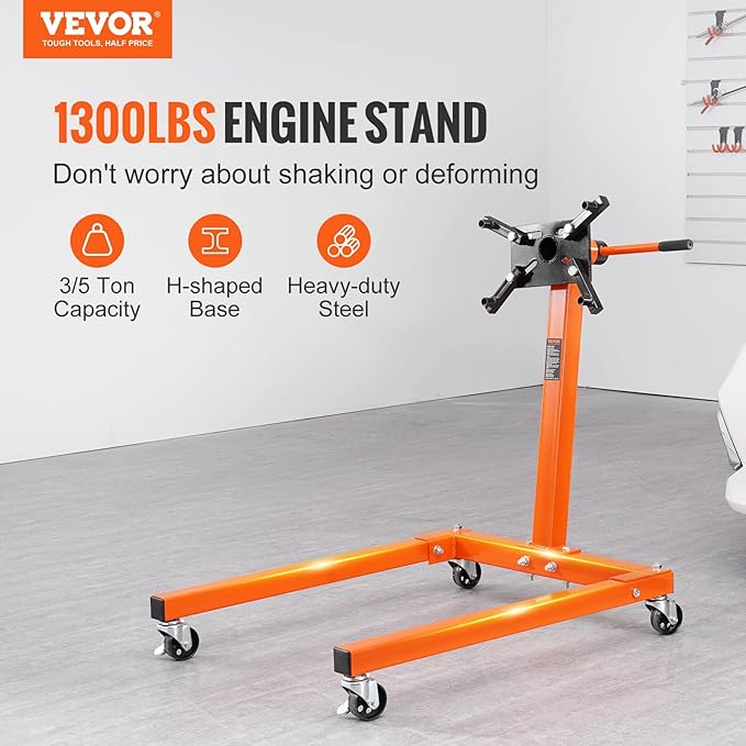 VEVOR Engine Stand, 1300 lbs (3/5 Ton) Rotating Engine Motor Stand with 360 Degree Adjustable Head, Cast Iron Motor Hoist Dolly, 4-Caster, 4 Adjustable Arms, for Vehicle Maintenance, Auto Repair