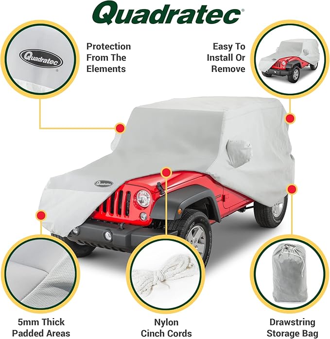 Quadratec Hail Guard 5-Layer Car Cover - Fits Jeep Wrangler JK & JL 2007-2023 - Jeep Cover Jeep Wrangler Cover Jeep Wrangler Rain Cover Jeep Rain Cover - Includes Storage Bag - Quick-Dry Fabric