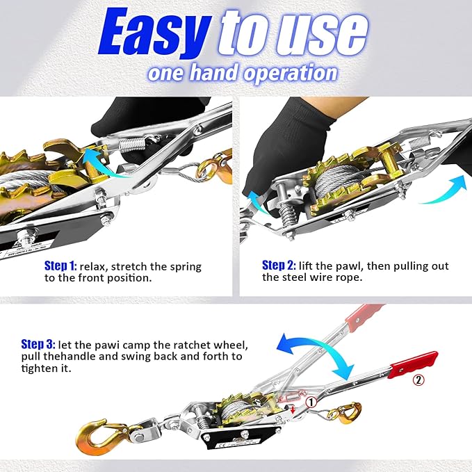 Come Along Winch 1T Pulling Capacity 7FT Steel Cable 2 Hooks Heavy Duty Ratchet Power Puller Tool with Dual Gears Hand Winch Cable Automotive Hoist Winch Puller