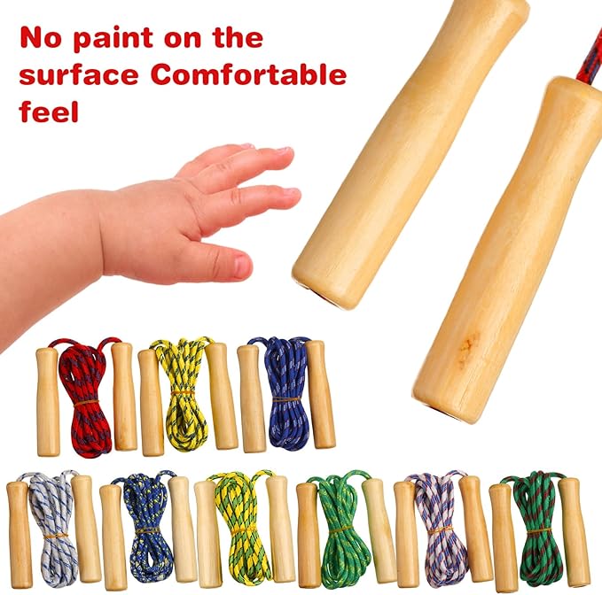 Lenwen Jump Rope Bulk for Kids 7.25 ft Cotton Skipping Rope Adjustable with Wooden Handle for Training Outdoor Exercise Christian Charity Donation Operation Christmas Supplies