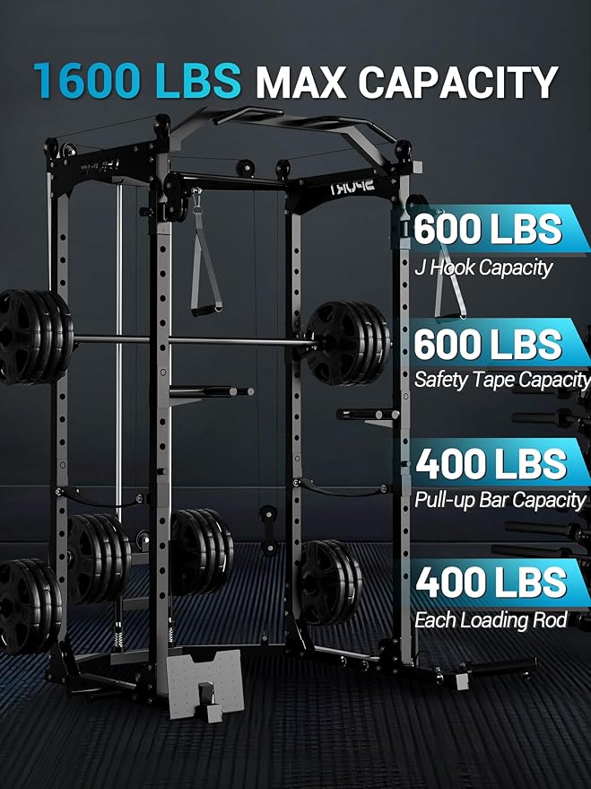 Power Cage, Multi-Functional Power Racks for Home Gym with Cable System, 1600LBS Weight Capacity Fitness Reality Squat Rack for Strength Workout with More Training Attachment,Black