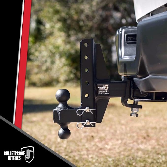BulletProof Hitches - 2.0" Adjustable Medium Duty Trailer Hitch (14,000 lb. Rating) - Offset 4" and 6" Drop/Rise Trailer Hitch with 2" & 2-5/16" Dual Ball - Powder Coat, Box Steel, Corrosion-Resistant