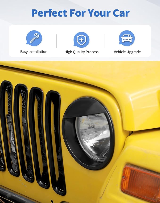 Front Grille Mesh Inserts & Angry Eyes Headlight Bezels Cover Trim Fit for 1997-2006 Jeep Wrangler TJ & Unlimited Exterior Accessories Clip-in Grille Guard Cover Headlight Bezels Trim Ring