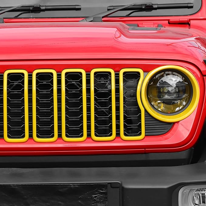 Jimen for 2024 Jeep Wrangler 4xe grill inserts, 9PCS Headlight Cover & Grille Insert Compatible with Jeep Wrangler JL JLU 2024+, NOT FIT JL Sport/Sport S (Yellow)