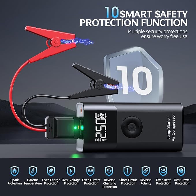 Jump Starter with Air Compressor, LERTIN 3500A 150PSI Portable Car Battery Jump Starter Pack, for Up to 9.0 Gas/8.0L Diesel Engine, 12V Jump Box with USB Quick Charge/3 Modes Lights/Large LCD Display