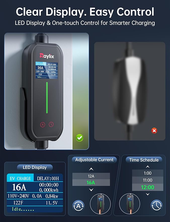 12A-16A Level 1&2 Charger for Tesla Adjustable Current, Delay Charge & Smart Display NACS Mobile/Home Charger, 21ft Mobile Connector Cable for Model X/Y/3/S/Cybertruck, NEMA 6-20/5-15 Plug, 110-240V