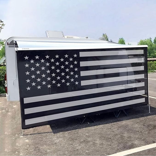 Tentproinc RV Awning Sun Shade Screen 7' X 12' 3'' (American Flag) Black Mesh Sunshade Camper Trailer Awning Shade Screen UV Blocker Completed Kits