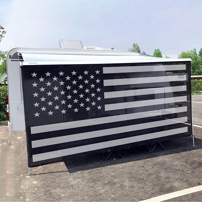 Tentproinc RV Awning Sun Shade Screen 7' X 16' 3'' (American Flag) Black Mesh Sunshade Camper Trailer Awning Shade Screen UV Blocker Completed Kits