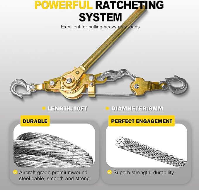 Come Along Winch Puller 3T 10FT, Cable Hoist Winch Puller with 2 Hooks, Come Along Tool Heavy Duty, Ratchet Puller for Lifting Pulling Construction Building