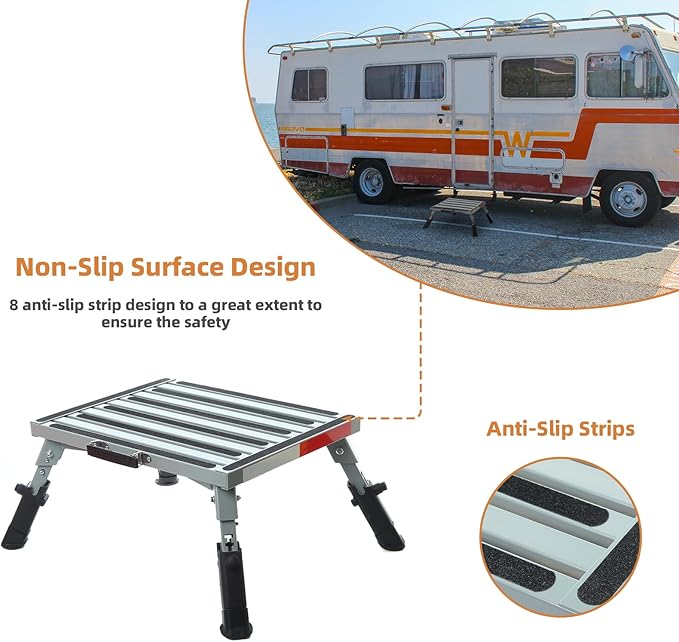 Homeon Wheels RV Step Stool, Adjustable Height Aluminum Folding Platform 16.5" x 12" with Non-Slip Rubber Feet, Reflective Stripe, Handle, RV T Level, 1000 lbs, for Trailer, Truck, Outdoor