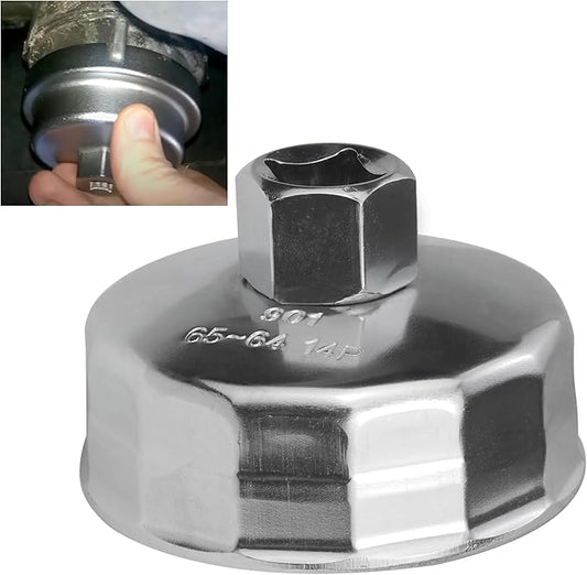 64mm 14 Flutes Oil Filter Socket for Lexus, Scion, Toyota Oil Filter Wrench Oil Filters Cap Removal Tool Chrome Vanadium Steel Oil-Filter Wrenches, Silver