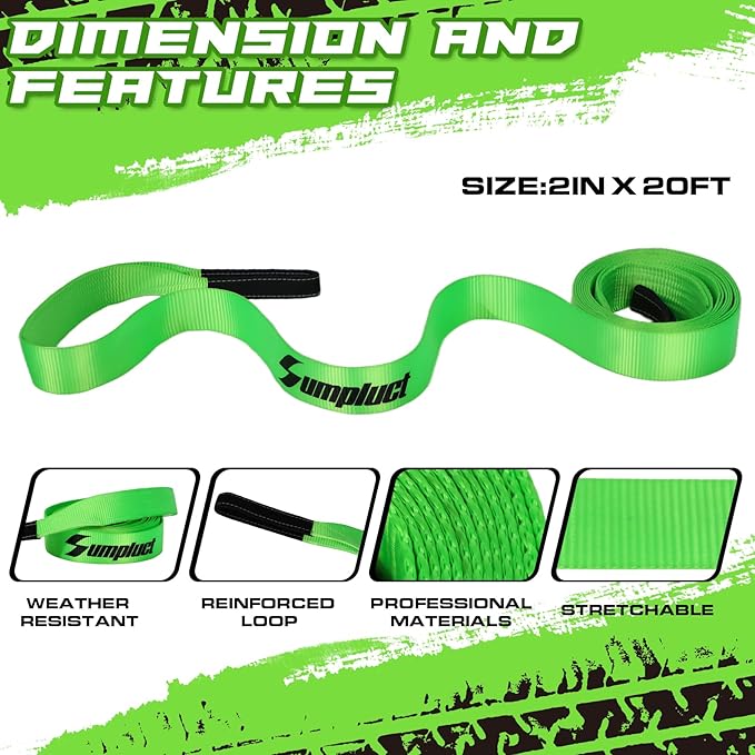 Recovery Tow Strap 2in X 20ft Heavy Duty 24,000 lbs Break Strength, Use for Emergency Towing Rope, Tree Saver, Winch Extension, Triple Reinforced Loops, Protective Sleeves,Car Accessories Green