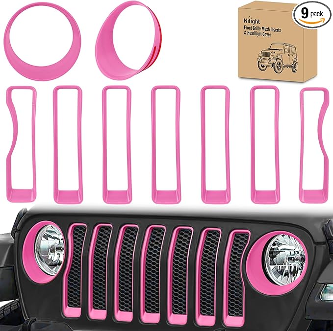 Nilight Grill Inserts fit for Jeep Wrangler Front Grille Inserts Headlight Cover Set for JL JLU Unlimited Sport SportS 2018 2019 2020 2021 2022 2023 Grille Bezels Trim Exterior Accessories Pink 9 Pcs