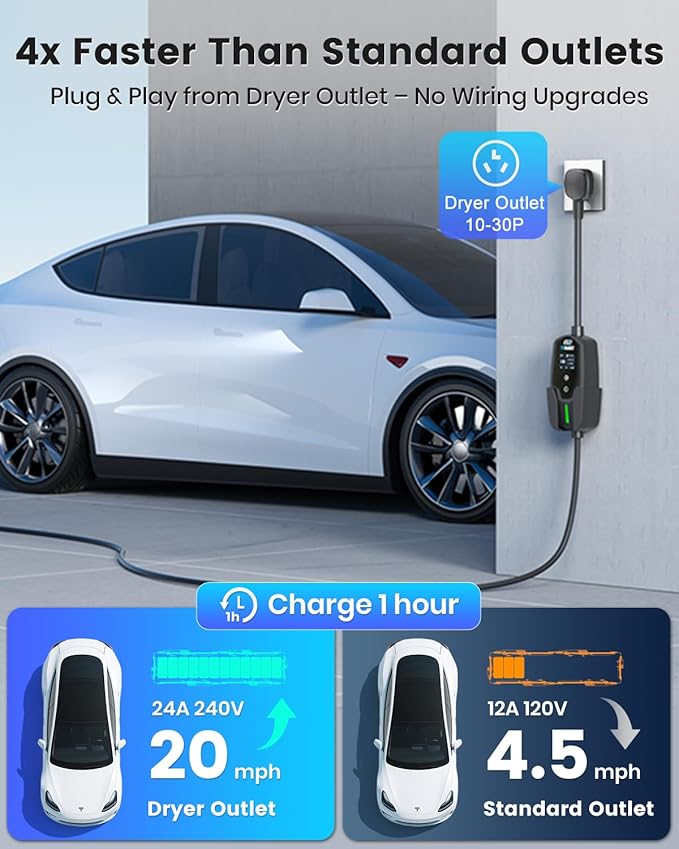 Level 2 EV Charger for Tesla, 24Amp 240V/25FT NEMA 10-30 Plug, 25FT Cable for Model S/3/X/Y, One-Touch Open Connector & Adjustable Current (10-24A) for Home/Garage Use, IP66 Waterproof
