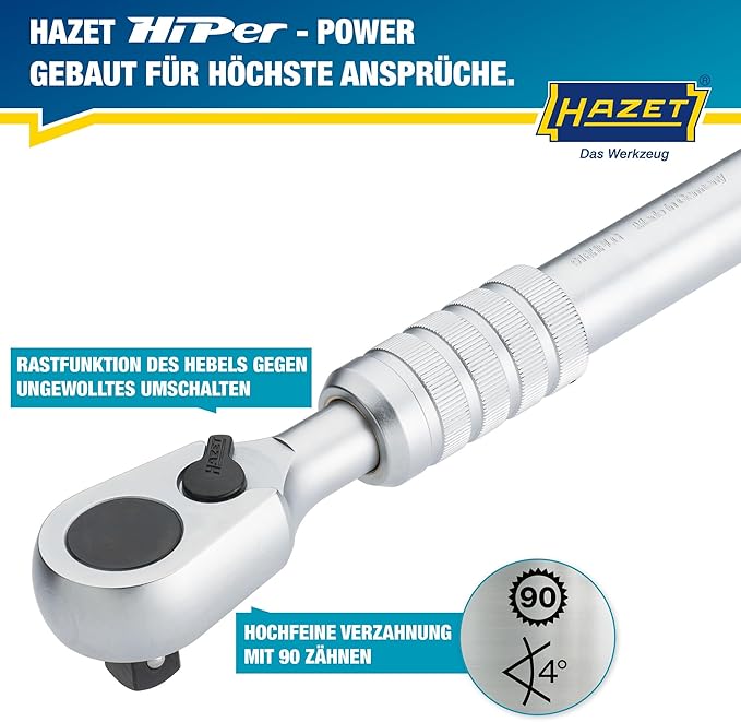 HAZET Hiper Fine-Tooth Reversible Ratchet 916HPLG I 12.5 Mm (1/2 Inch) Square Drive, Small Operating Angle (4 Degrees), With Ball Lock I Extra Long Version, Infinitely Extendable