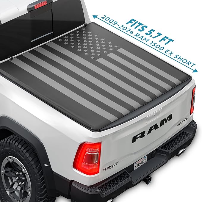 American Flag Truck Tonneau Cover for Ram 1500 2009-2025 (NO RAMBOX)/ Ram 2500 & 3500 with Extra Short 5.7 ft Bed Length, All-Weather Soft Roll Truck Bed Cover for Truck Black/Gray Flag