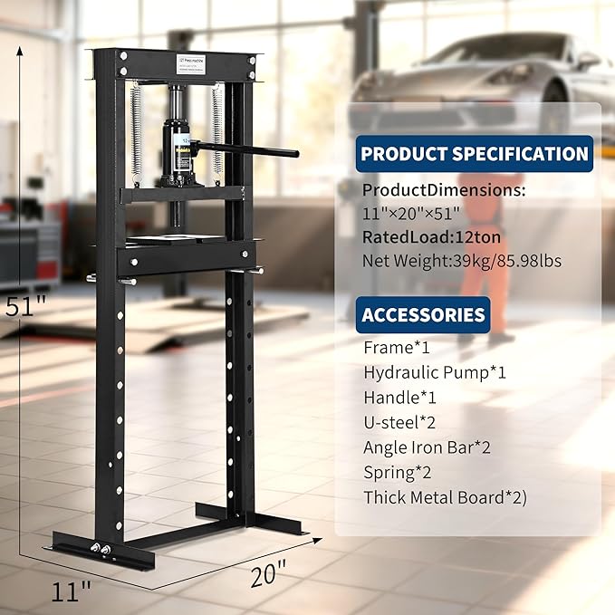 12 Ton H Frame Hydraulic Shop Press,Heavy Duty Garage Floor Press with Adjustable Height Stamping Plates,Built in Relief Valve for Bending Straightening Bearings u Joints Car Repair Professional Use