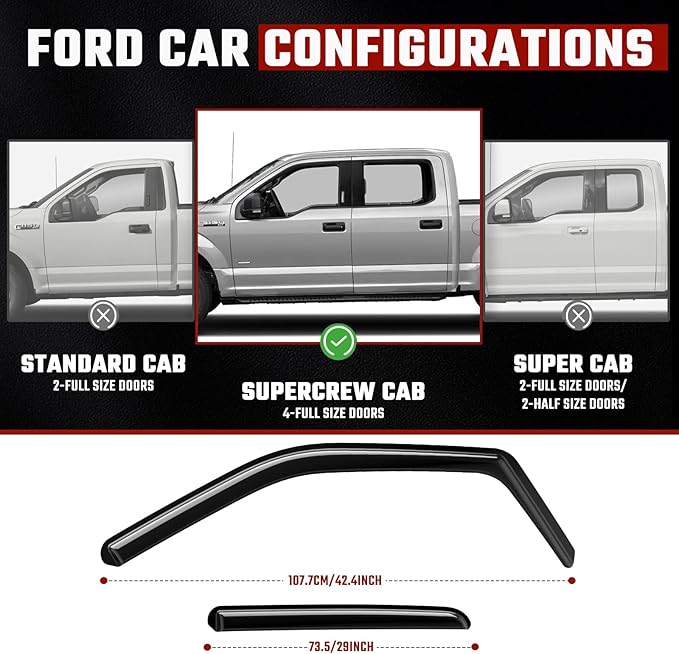 Rain Guards for Ford F150 Supercrew Cab 2015-2025, Extra Durable in-Channel Side Window Deflectors, 2020 2021 2022 2023 2024 2025 F150 Wind Deflectors Rain Guard Black - 4 PCS