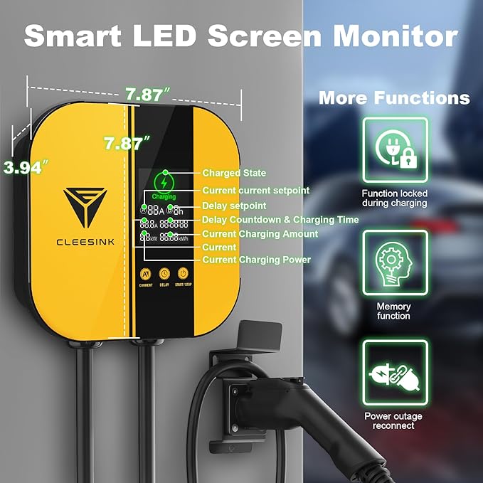 CLEESINK Level 2 EV Charger, 40A 240V Indoor/Outdoor Electric Vehicle Charging Station, NEMA 14-50, 23ft Cable UL Listed Home Electric Car Universal Wall Charger EVSE, Settable Amps & Time, Yellow