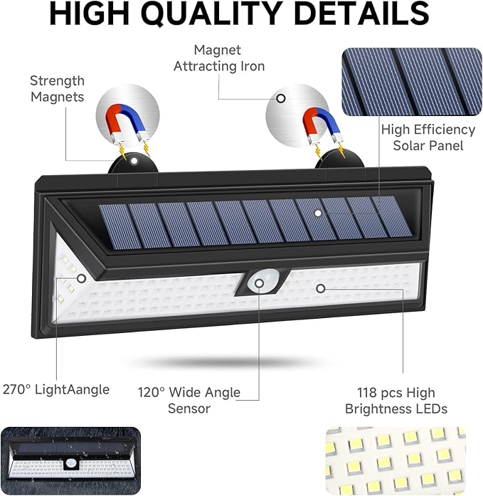 Magnetic Solar Outdoor, RV Light with Motion Sensor, 118 LED Waterproof Solar Security Light, Magnets Wireless Wall & Fence Lamp with Remote, Easy Install for RV, Garage, Driveway, Porch, Yard