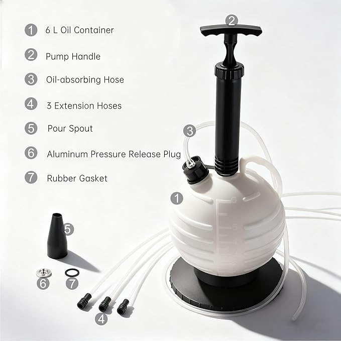 6L Manual Vacuum Oil Extractor Pump, Fluid Extractor Pump with 1 Hose and 3 Long Hard Tubes for Automotive, Marine, and Multi-Purpose Fluid Changes