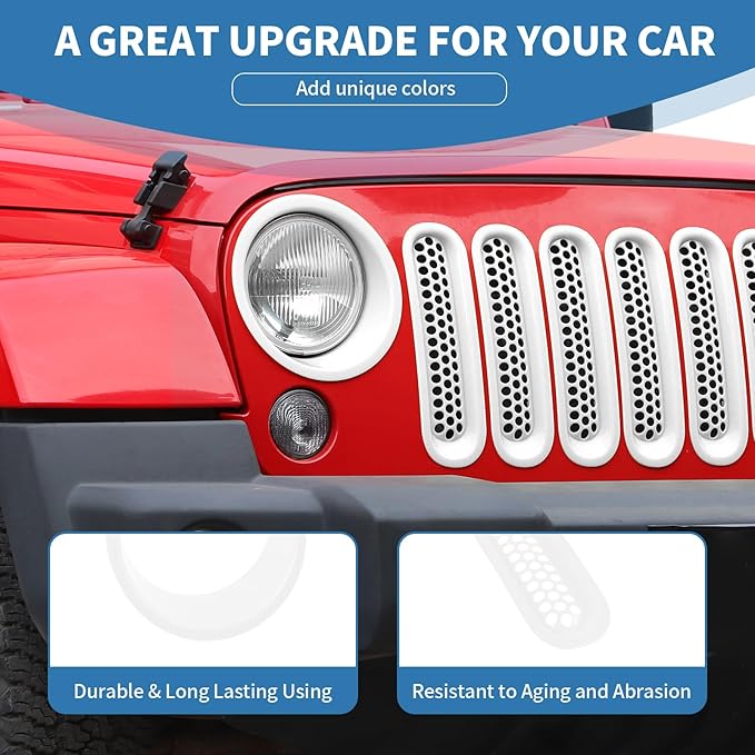for Jeep JK Front Grille Inserts & Headlight Cover Trim Ring for Jeep Wrangler JK JKU 2007-2017 White Exterior Accessories 9pcs