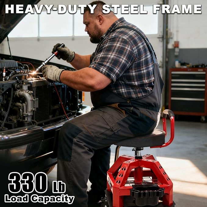 Rolling Shop Stool with Wheels, Heavy Duty Garage Work Mechanic Stool with Backrest, Adjustable Height 360°Swivel Rolling Chair with Tool Tray Storage, 330 LBS Capacity, Red