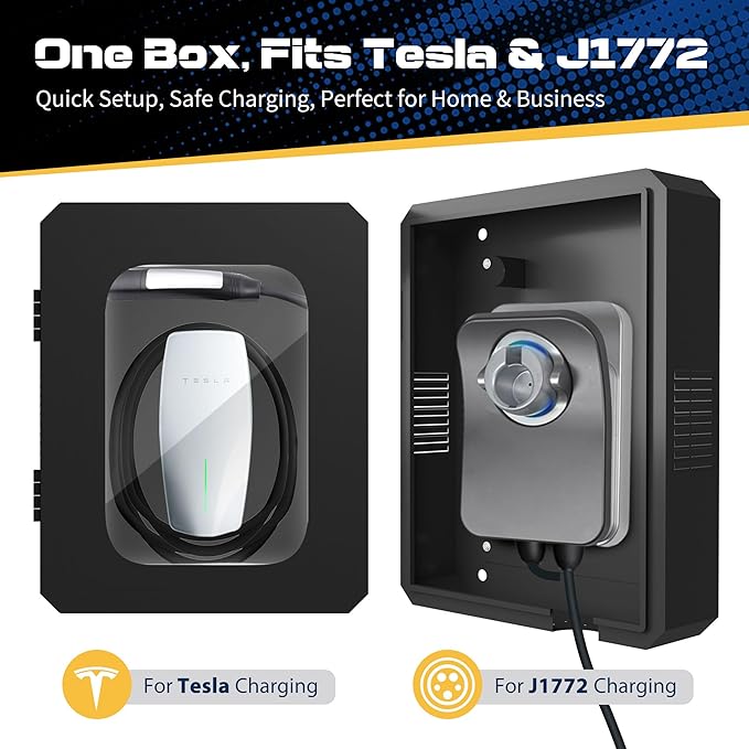 Outdoor EV Charger Enclosure Wall Box with Lock for Tesla Wall Charger and Chargepoint with Holder | Weatherproof Visible, Easy to Install, Black