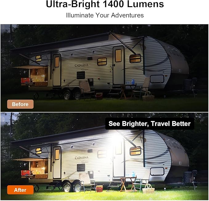 IP67 Waterproof RV LED Porch Light- Aluminum Housing, Dual Color White & Amber, Bright 1400LM Outdoor Light for Campers, Trailers, Motorhomes (Black Housing)- 2 Packs