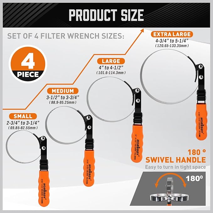 HORUSDY 11-Piece Oil Filter Wrench Set with Storage Case - Swivel Wrenches Fit 2-3/4" to 5-1/4", Adjustable Filter Pliers (9" & 12"), Valve Lapper Set, 3-Jaw Socket, Ratchet Handle for Garage, Repair
